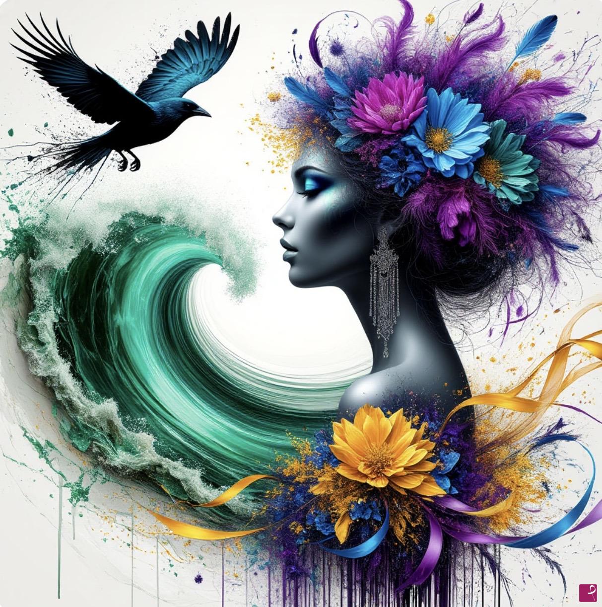 quadri in vendita online - Bird and girl in flowers, wave