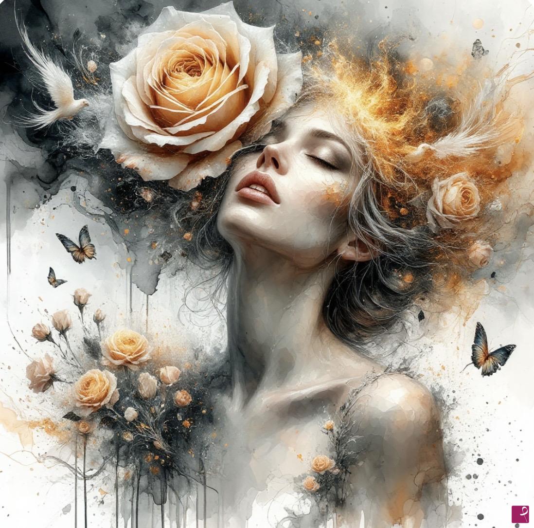 quadri in vendita online - Bird, butterflies, girl with roses 