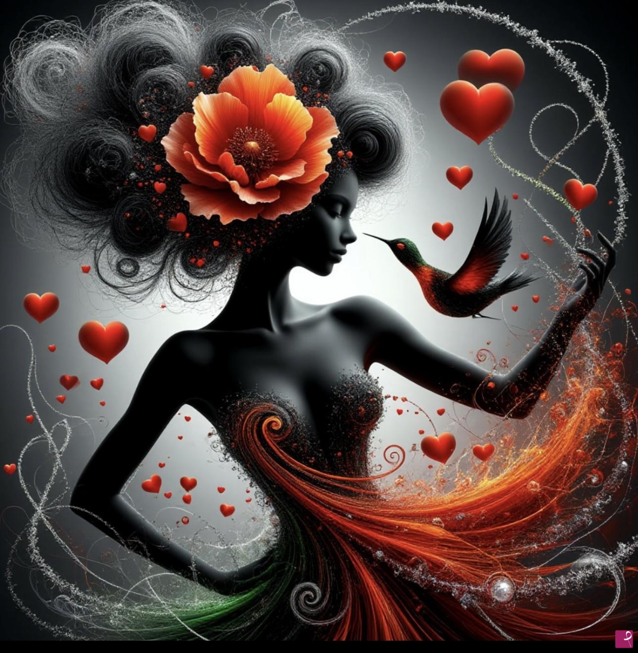 quadri in vendita online - Bird, flower in head and many hearts 