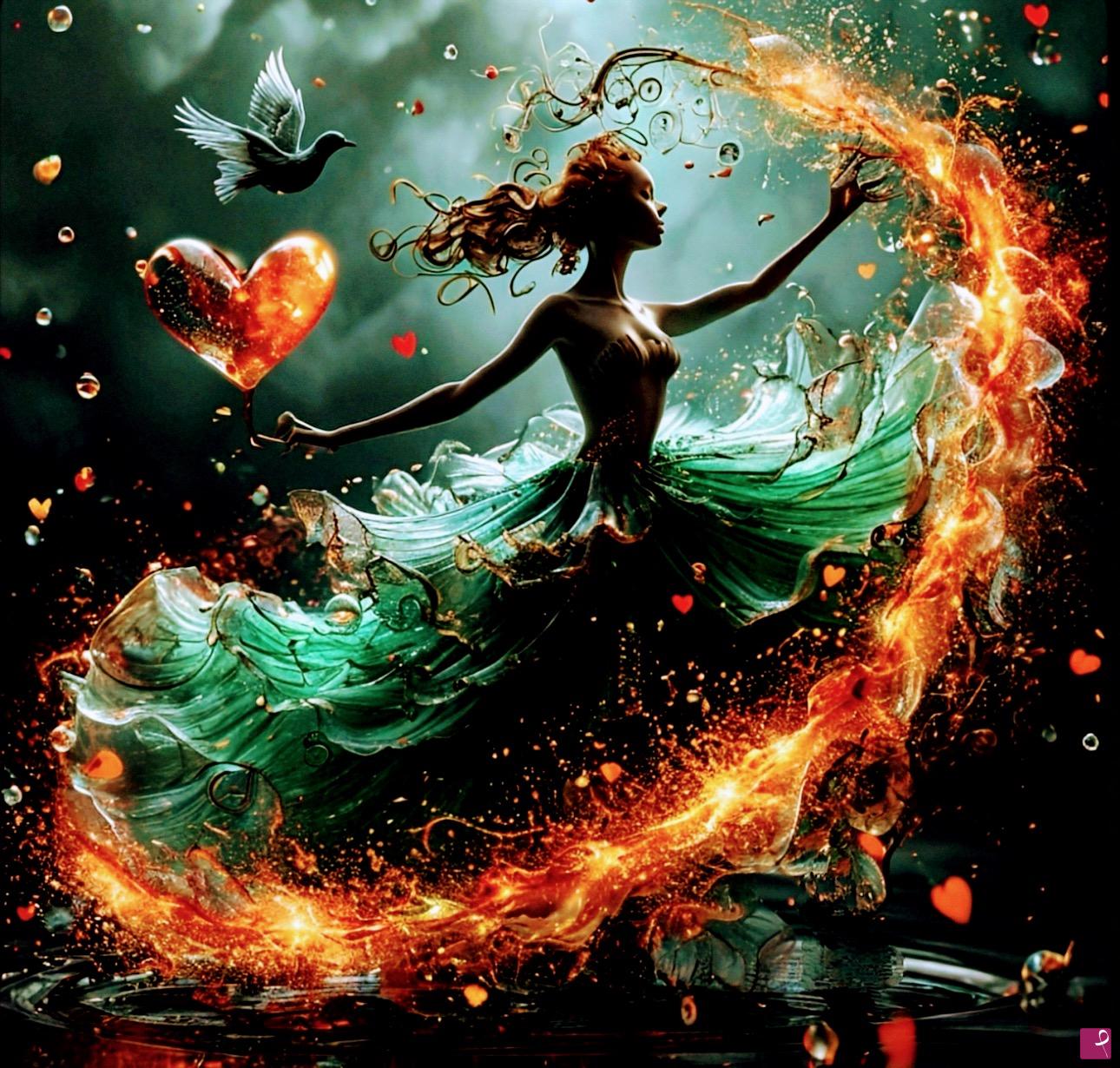 quadri in vendita online - Bird, girl in green dress, fire 