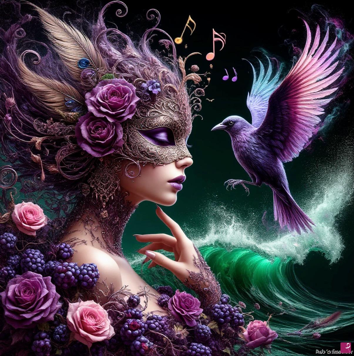 quadri in vendita online - Bird, girl in mask, music 