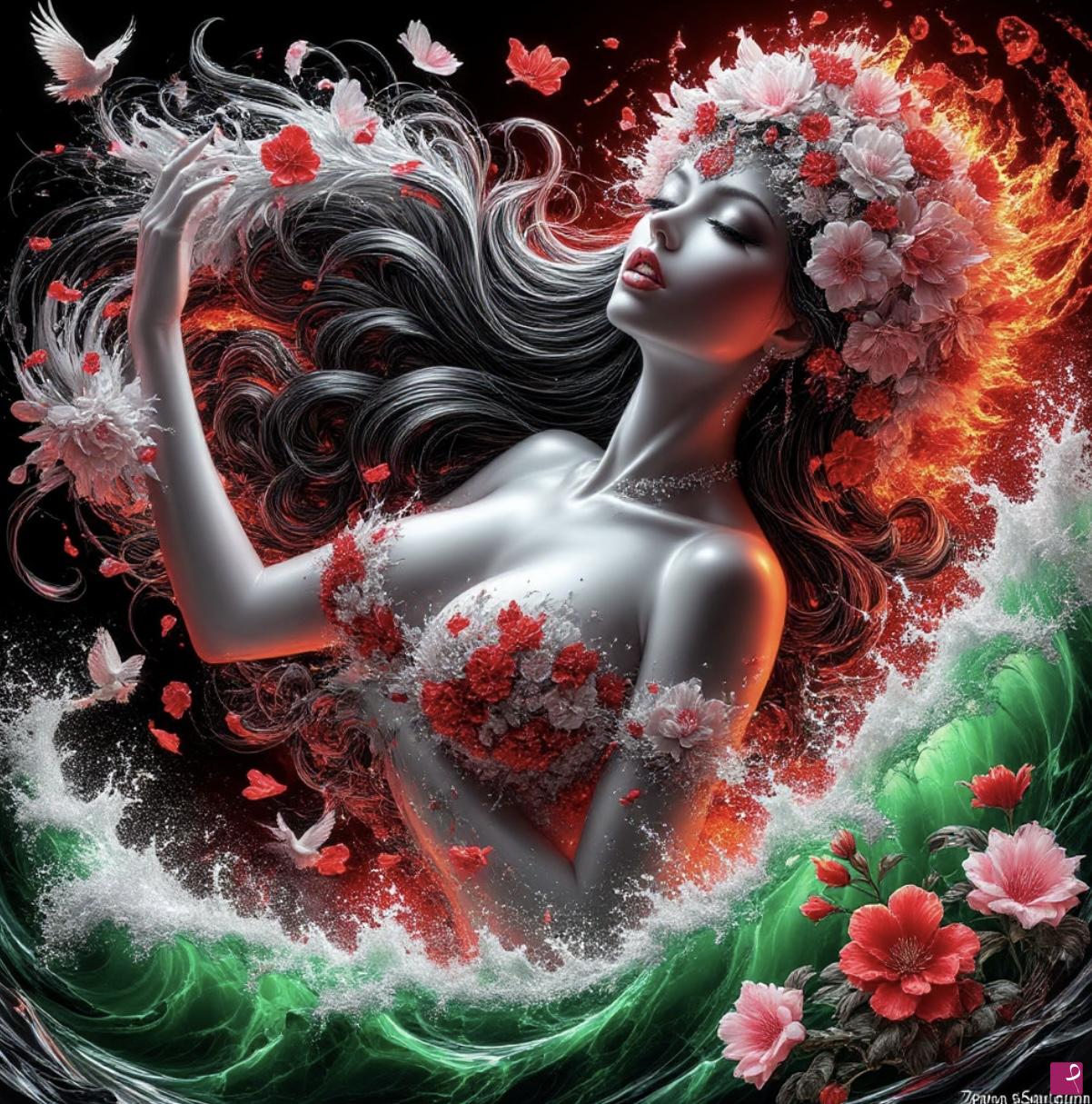 quadri in vendita online - Bird, girl in sea waves and flowers 