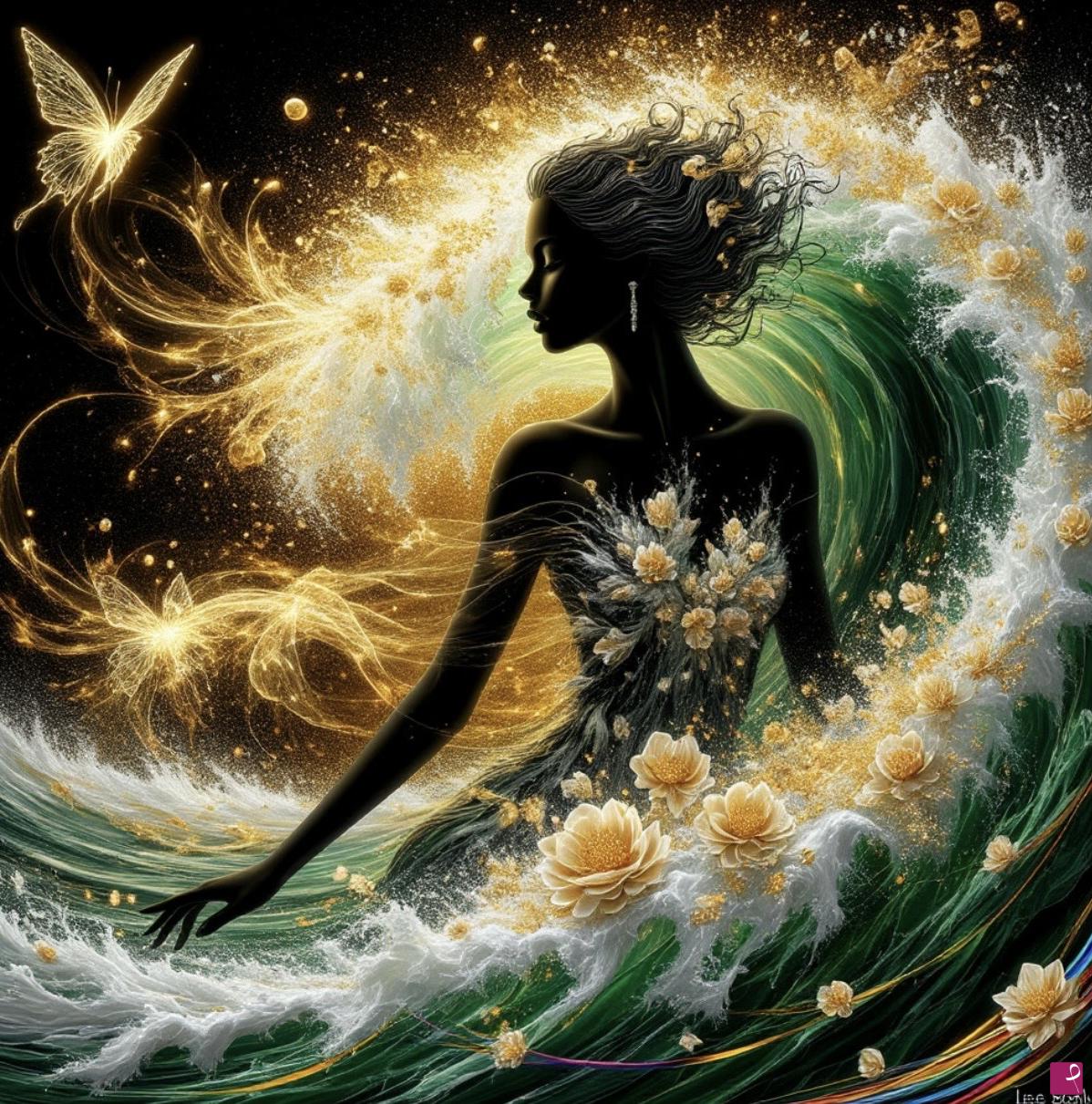quadri in vendita online - Bird, girl in waves from flowers