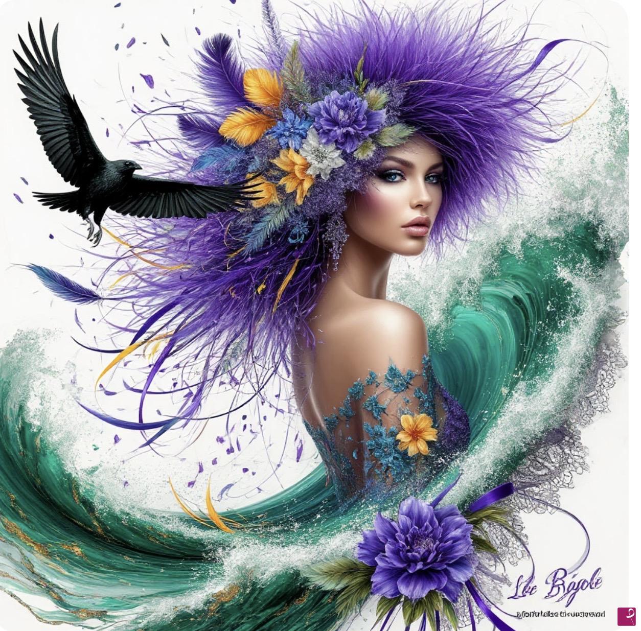 quadri in vendita online - Bird, sea waves, beautiful woman in flowers 