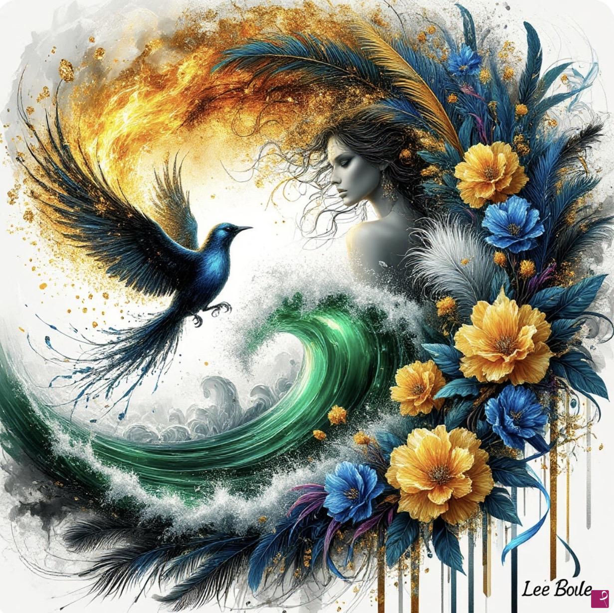 quadri in vendita online - Bird, waves, girl, flowers 