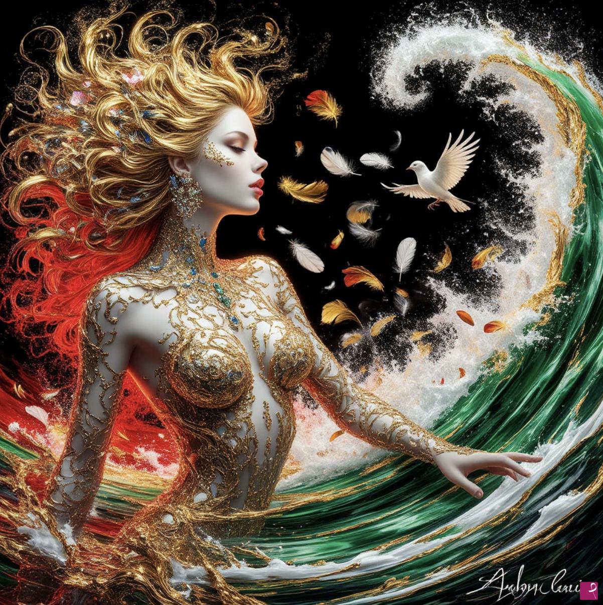 quadri in vendita online - Bird, woman in ocean waves, gold