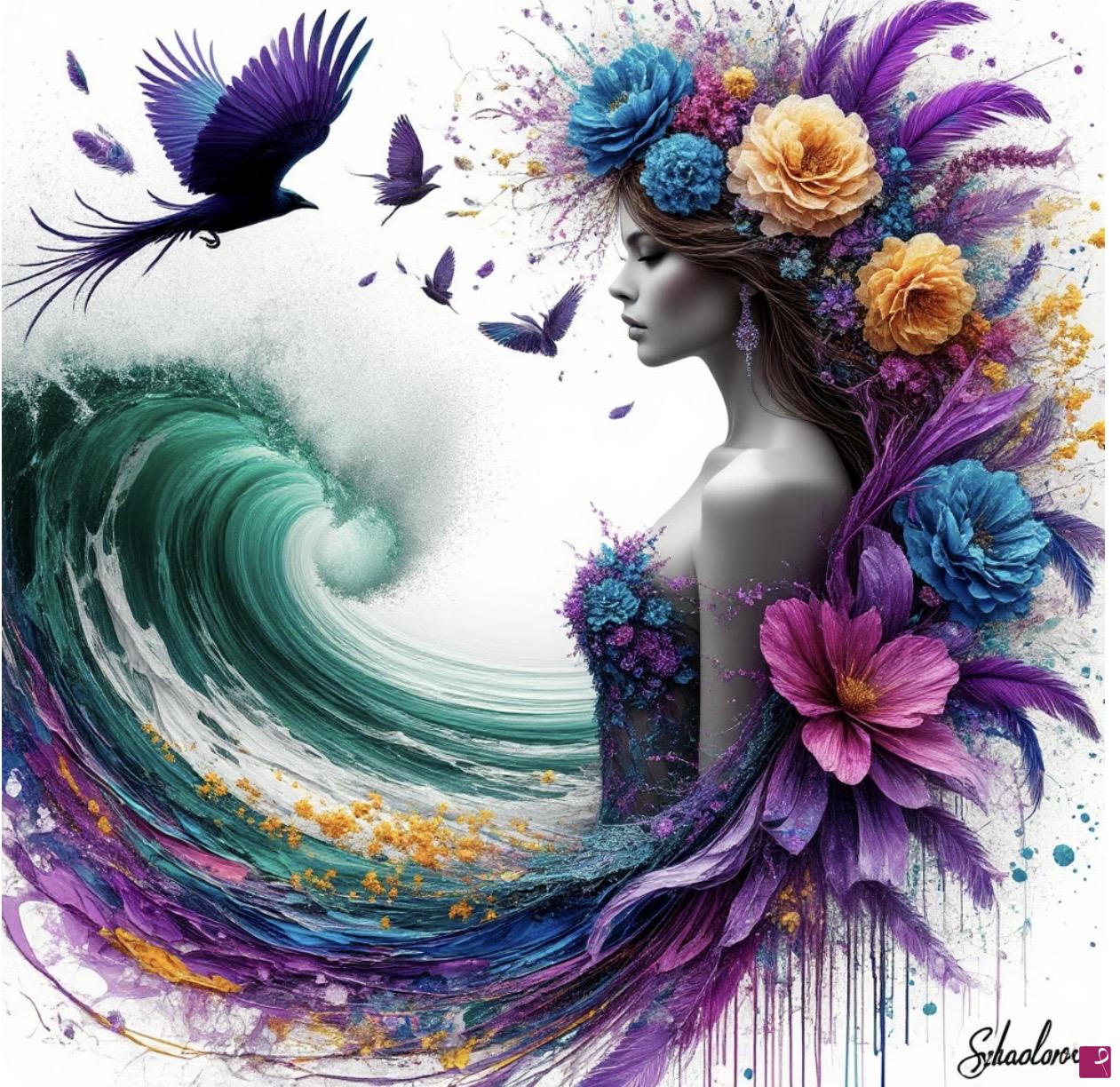 quadri in vendita online - Birds and girl in flowers, sea wave