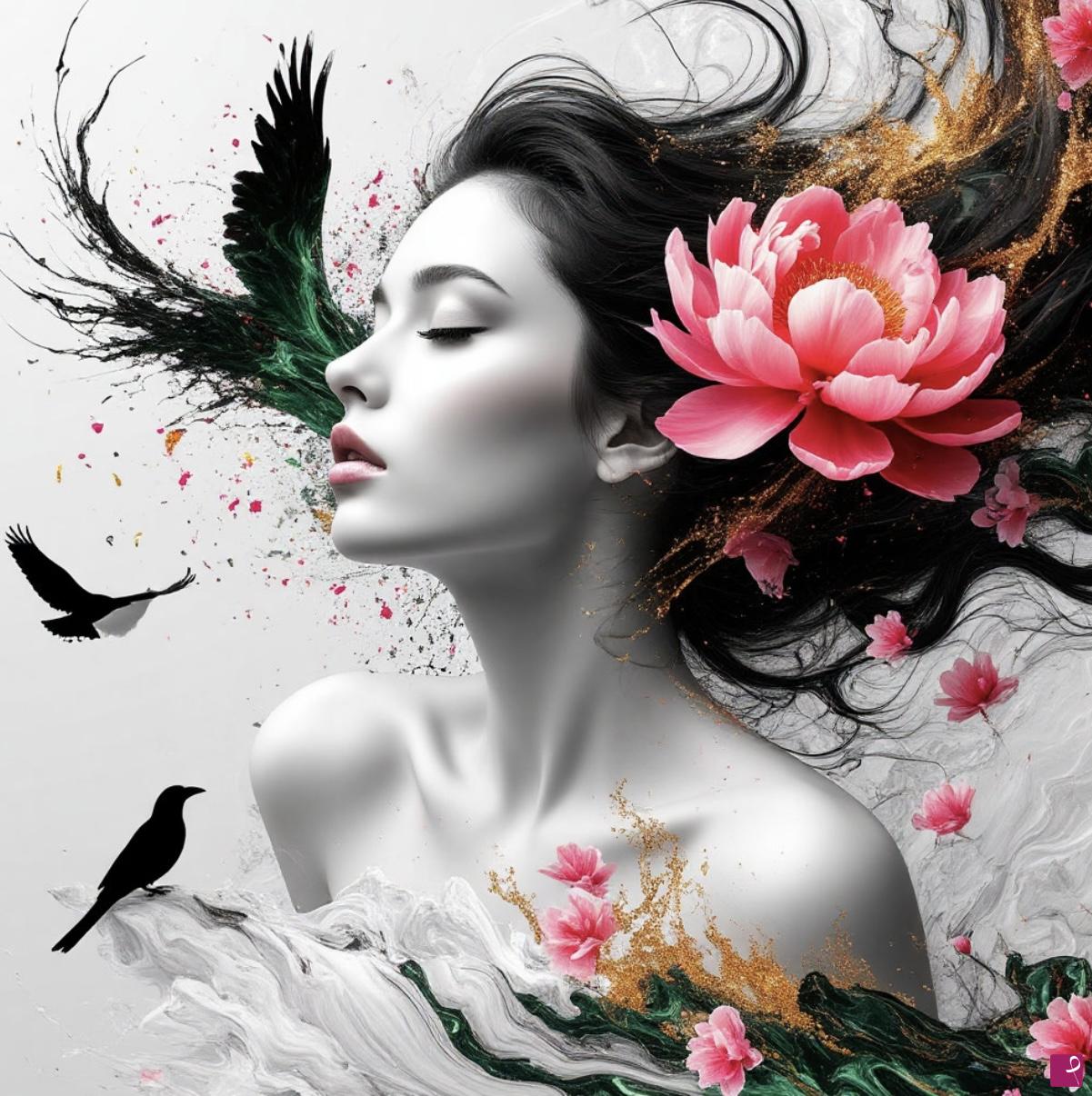 quadri in vendita online - Birds and girl with flowers in head 