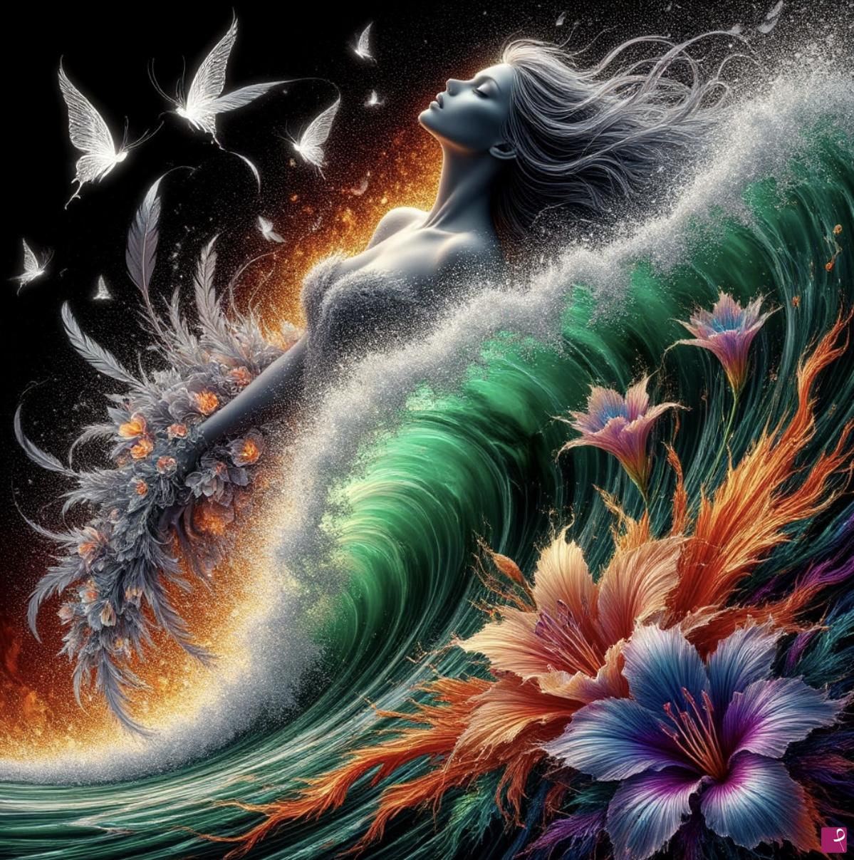 quadri in vendita online - Birds, sea waves and girl, flowers 