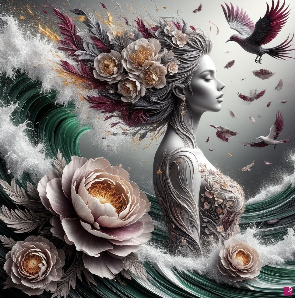 quadri in vendita online - Birds, woman, peonies flowers