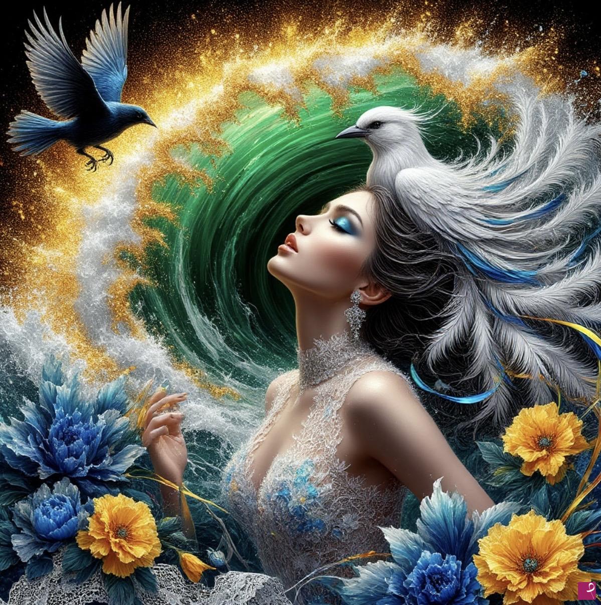 quadri in vendita online - Birds, woman, waves, flowers 