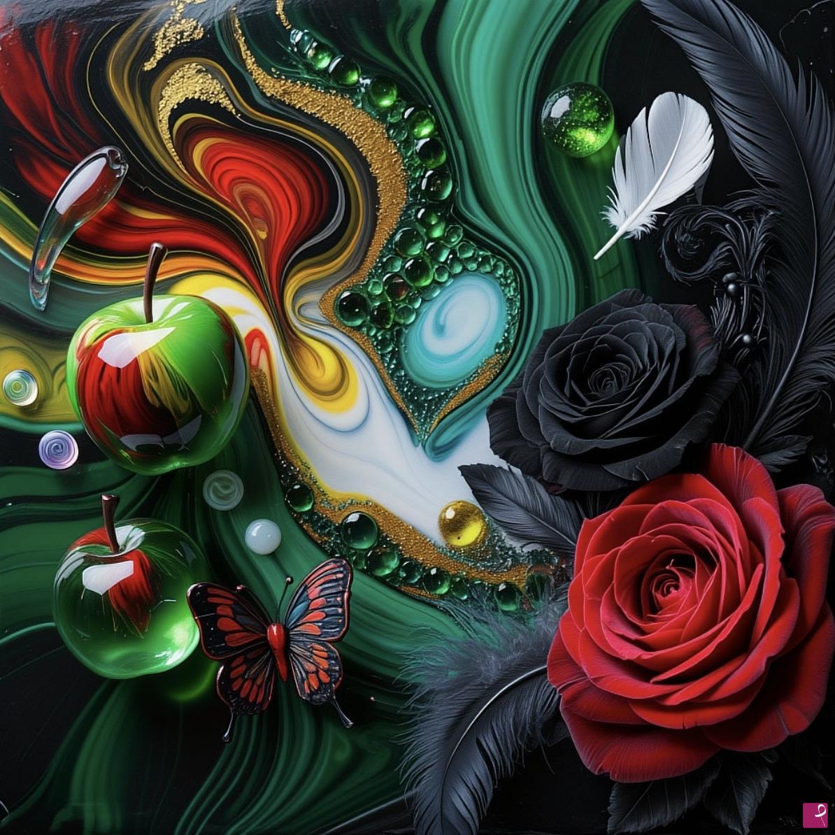 quadri in vendita online - Black and red roses, Apple, butterflies 