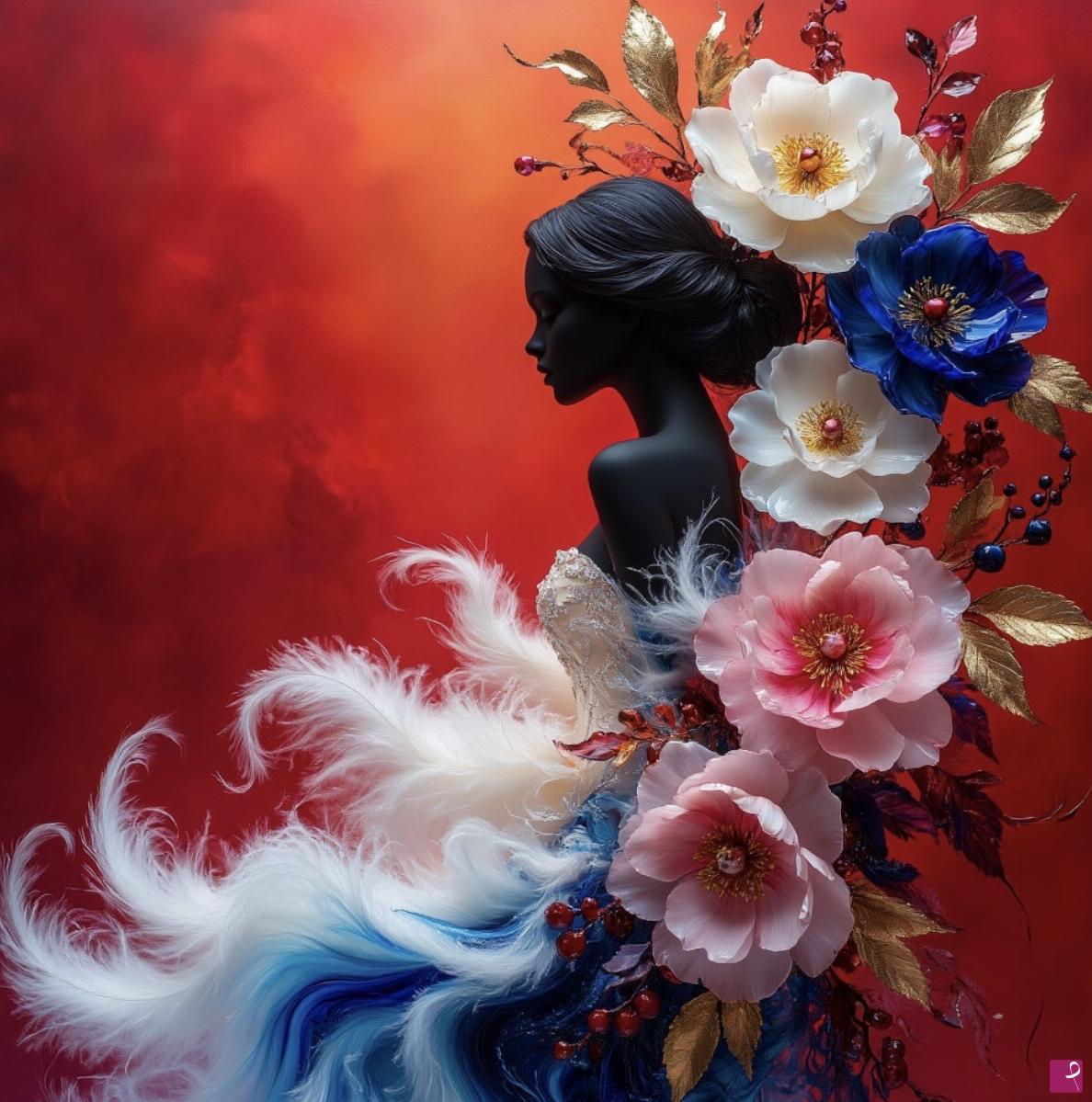 quadri in vendita online - Black girl in flowers and feathers