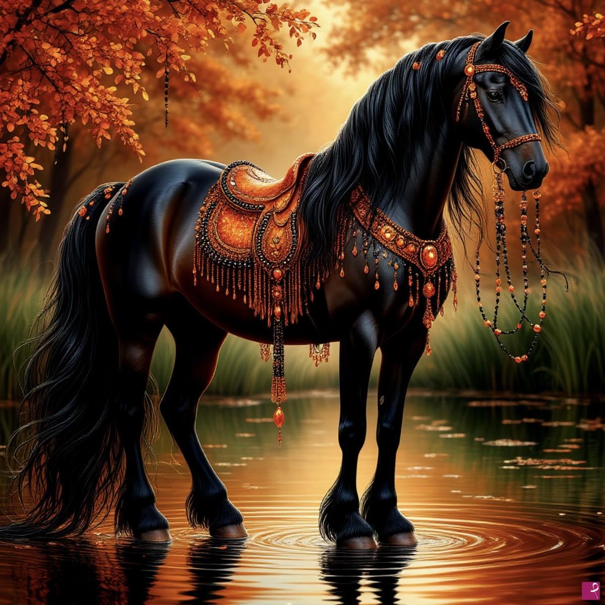 quadri in vendita online - Black horse in forest 