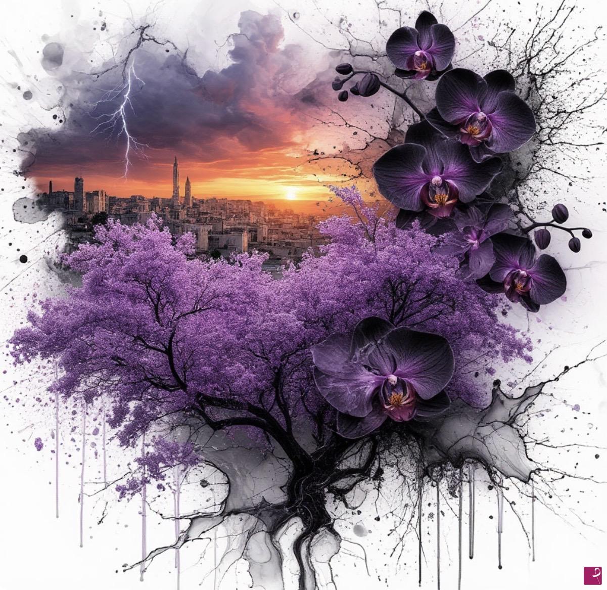 quadri in vendita online - Black orchids in morning city 
