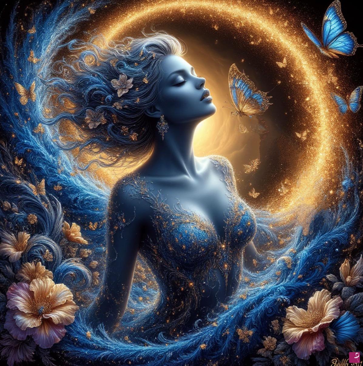 quadri in vendita online - Blue girl, back lights, flowers 