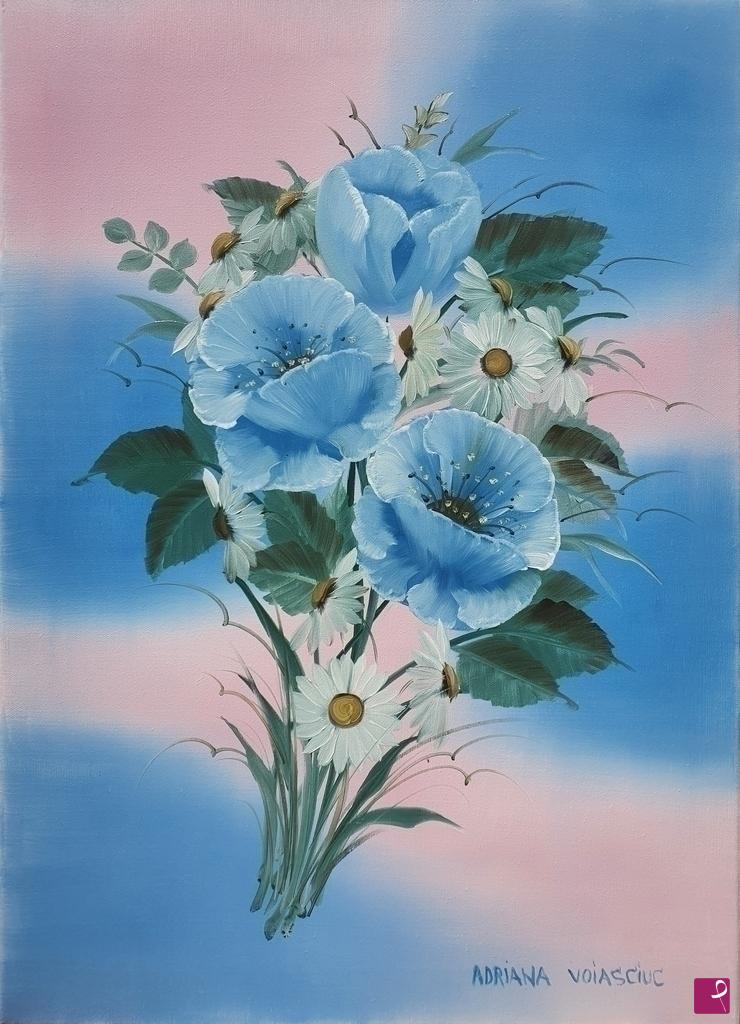 quadri in vendita online - blue poppy flowers and daisies