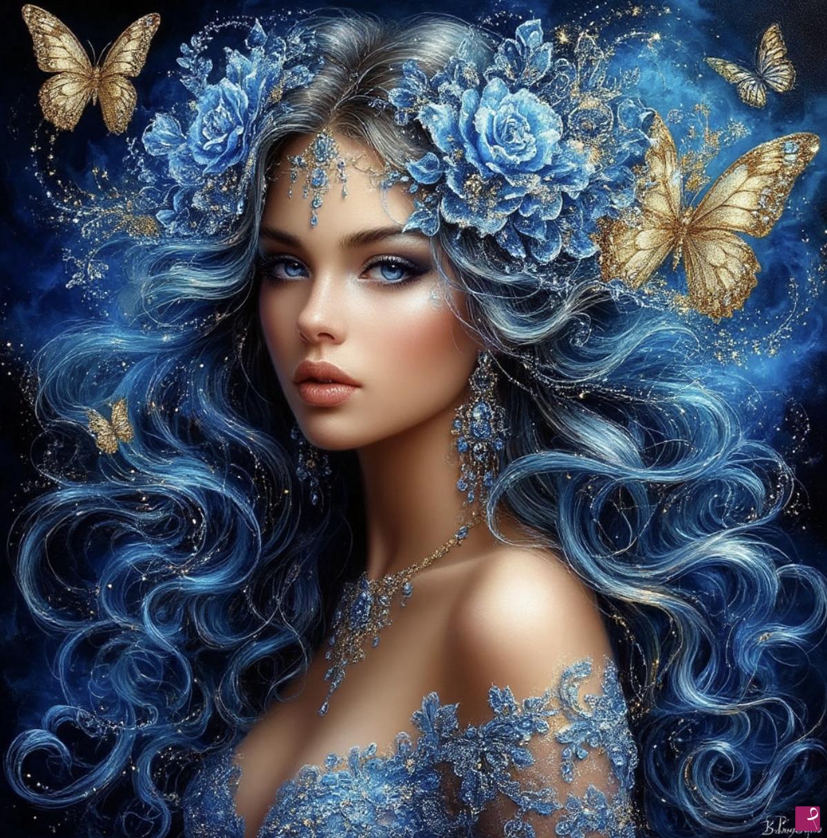 quadri in vendita online - Blue woman and butterflies 