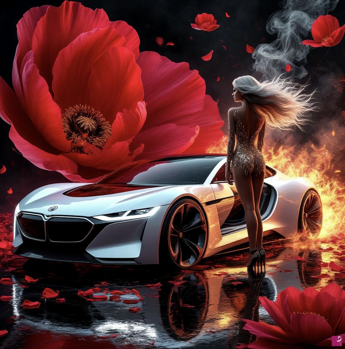 quadri in vendita online - BMW car and girl 