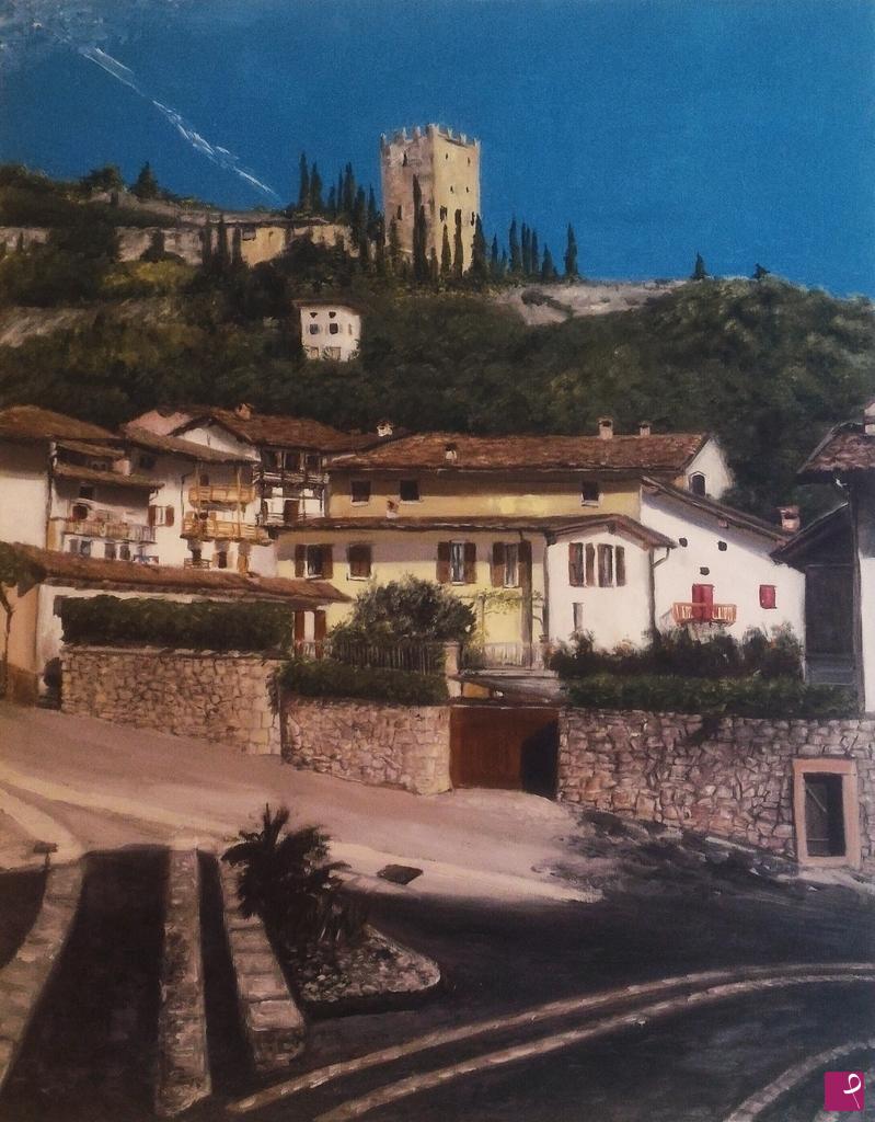 quadri in vendita online - Borgata arcenso con vista castello di Arco