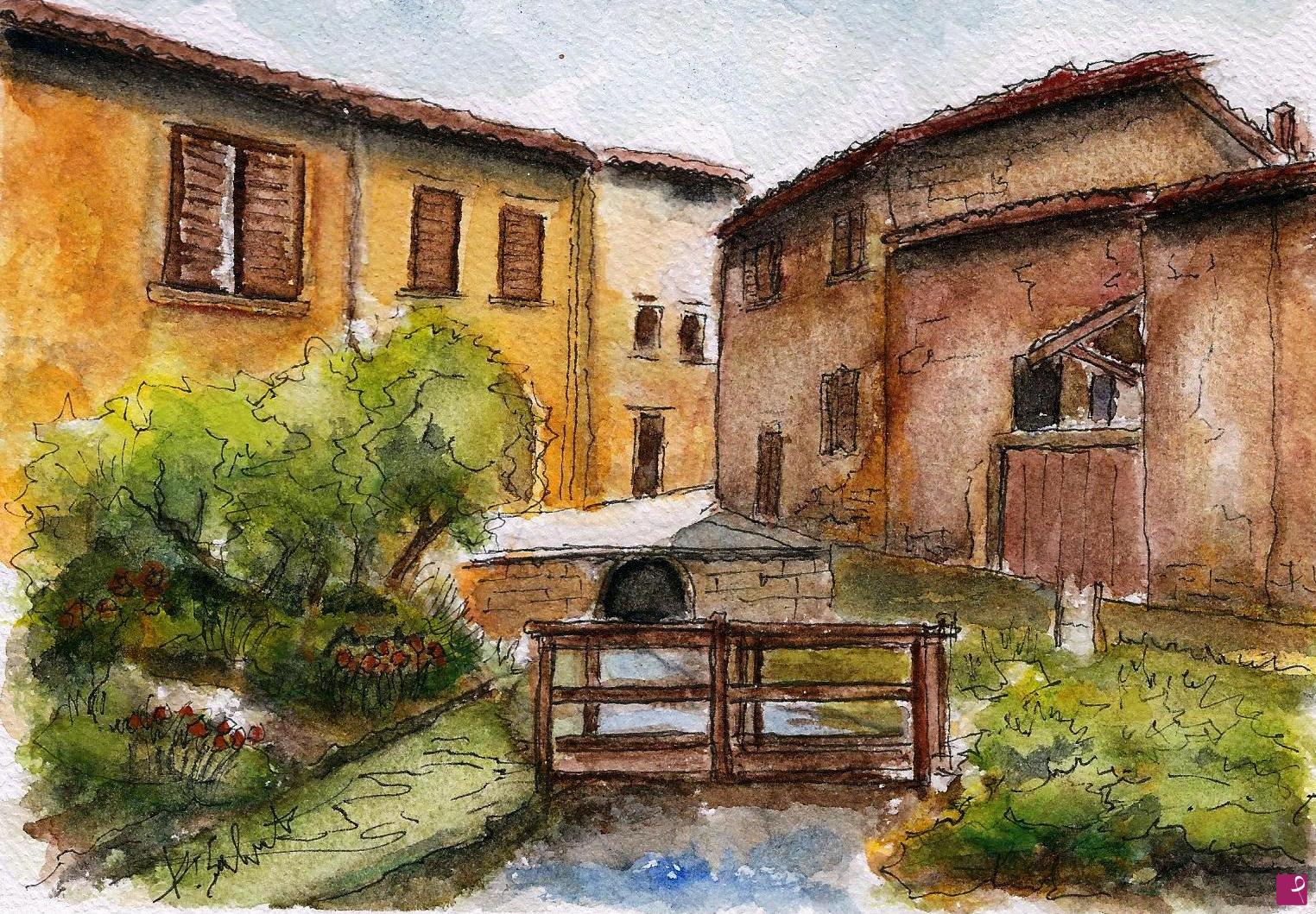 quadri in vendita online - Borgo con fiumiciattolo