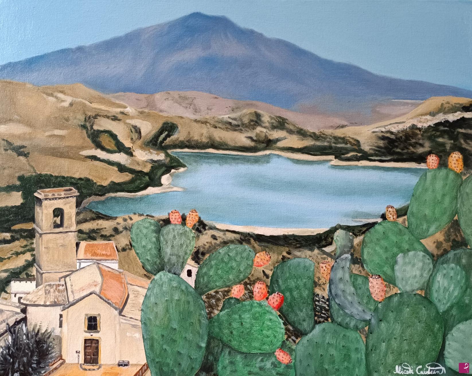 quadri in vendita online - Borgo di S. Maria di Agira (EN), con vista sul lago Pozzillo e l'Etna