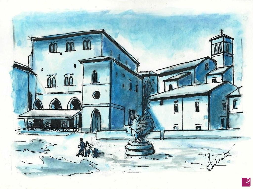 quadri in vendita online - Borgo medioevale con bambini in strada