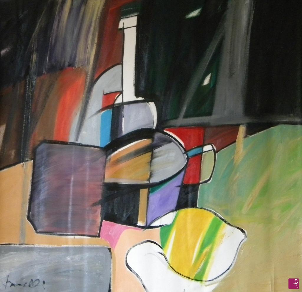 quadri in vendita online - Bottle, cup, lemon and other objects