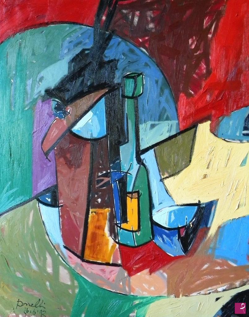 quadri in vendita online - Bottle, glass, cup and other objects on a table