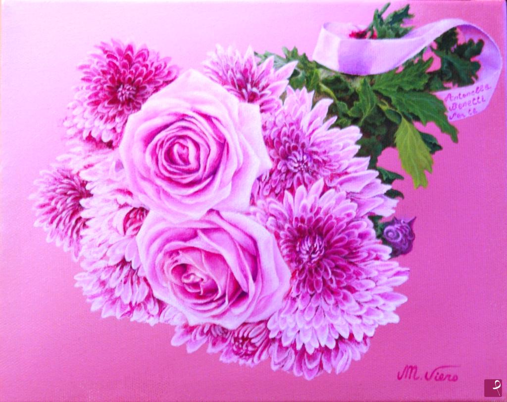 quadri in vendita online - Bouquet di rose e gerbere per Antonella Benetti