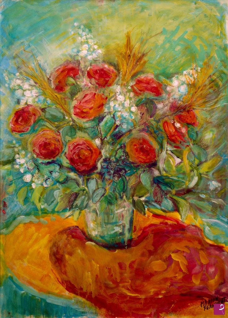 quadri in vendita online - Bouquet di rose rosse in vaso trasparente