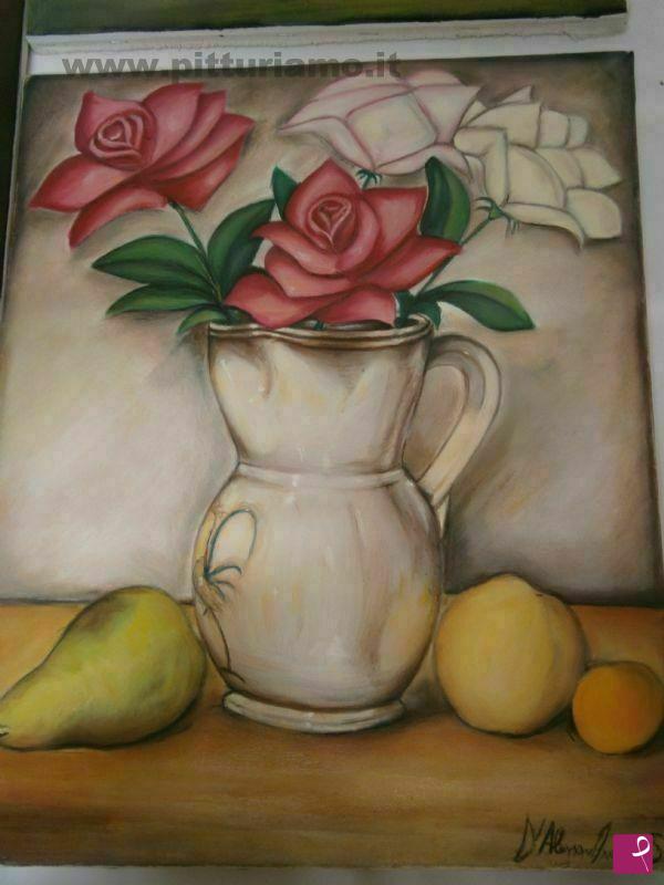 quadri in vendita online - Brocca con fiori e frutta