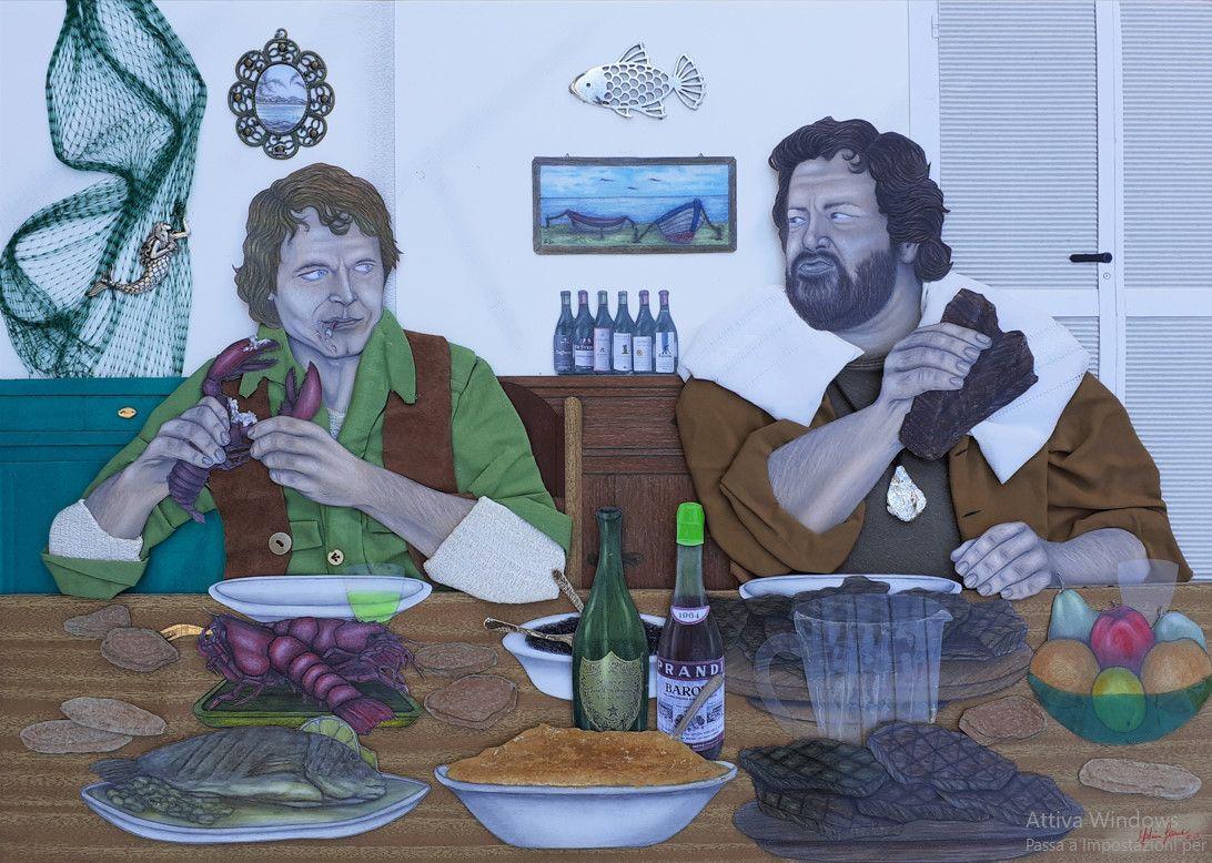 quadri in vendita online - Bud Spencer e Terence Hill - il Pranzo di : io sto con gli ippopotami