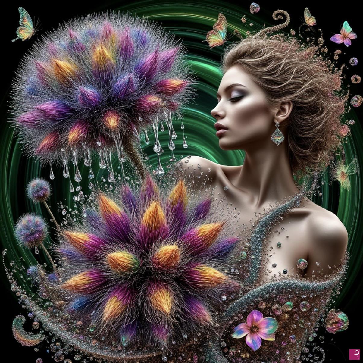 quadri in vendita online - Butterfly, flowers, woman 