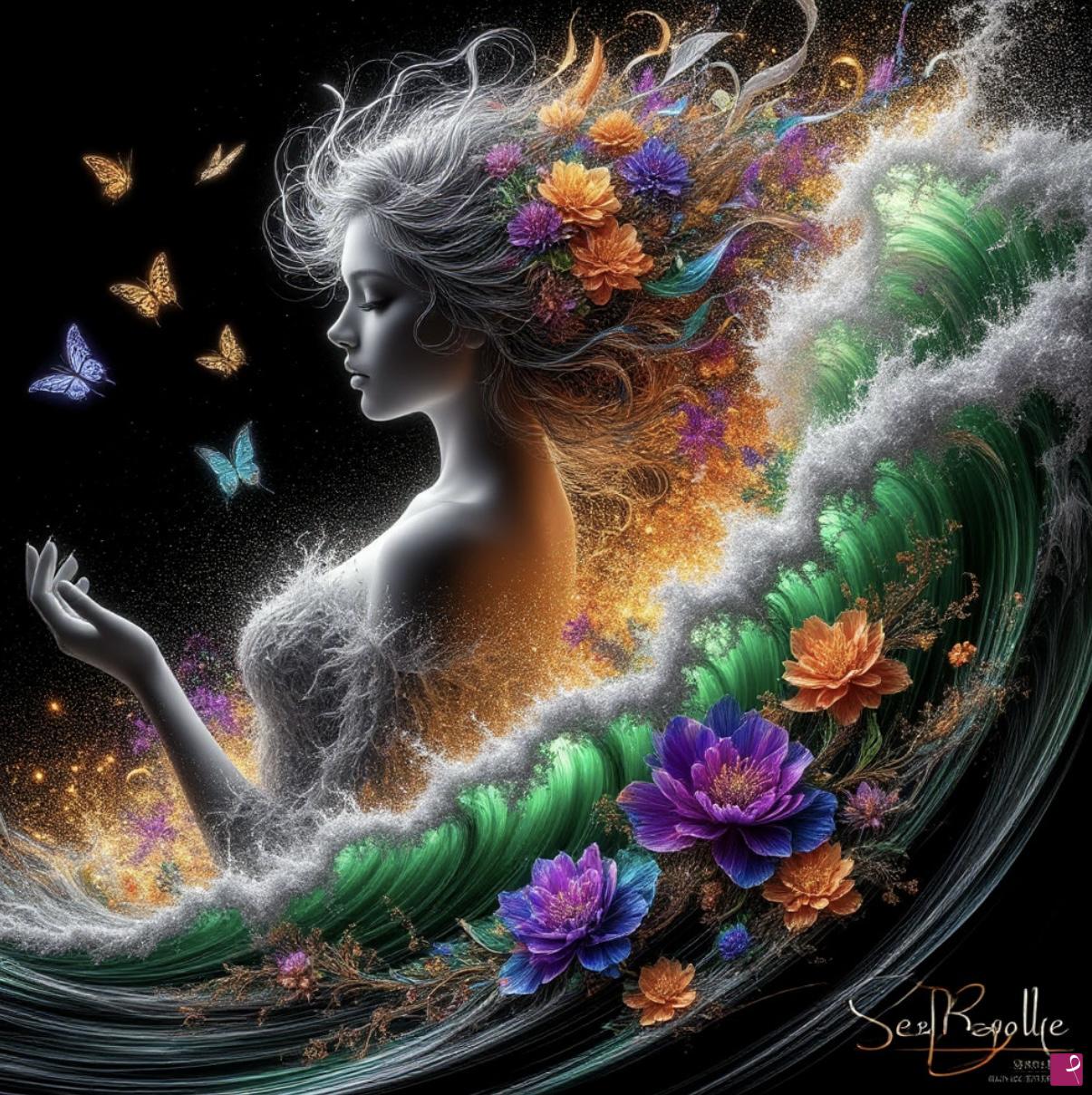 quadri in vendita online - Butterfly, girl and sea waves 