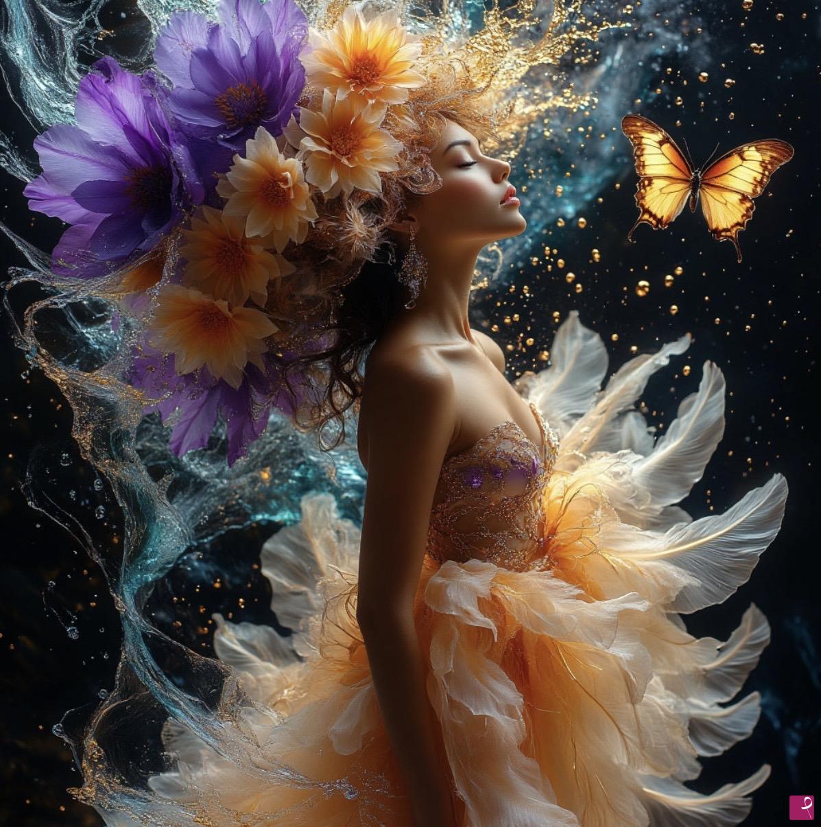 quadri in vendita online - Butterfly’s flowers and girl 