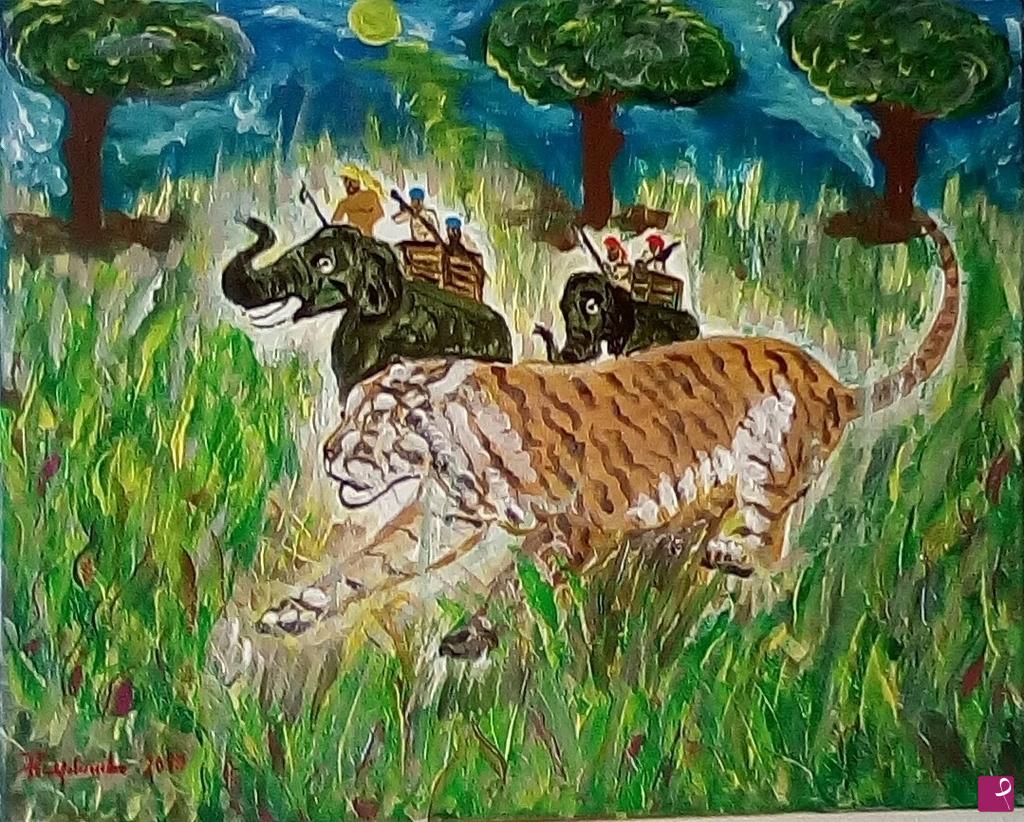 quadri in vendita online - Caccia alla tigre con gli elefanti nella savana.