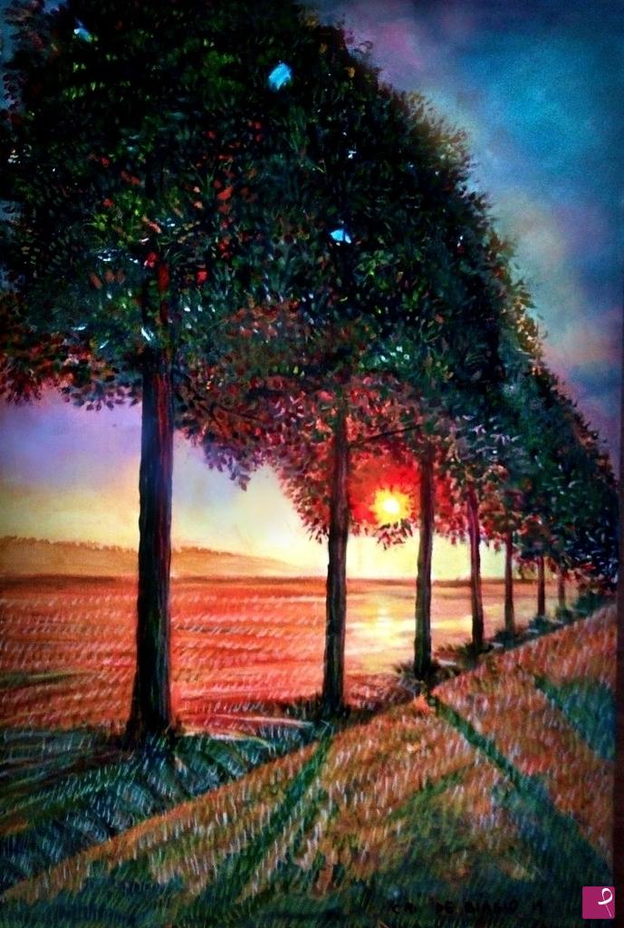 quadri in vendita online - Campagna  bellinzaghese  al   tramonto