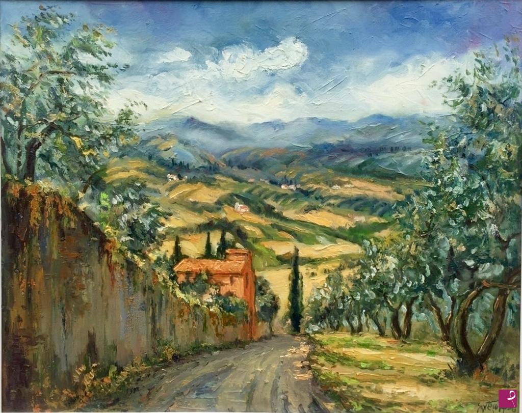 quadri in vendita online - Campagna  con casetta rossa in Toscana 