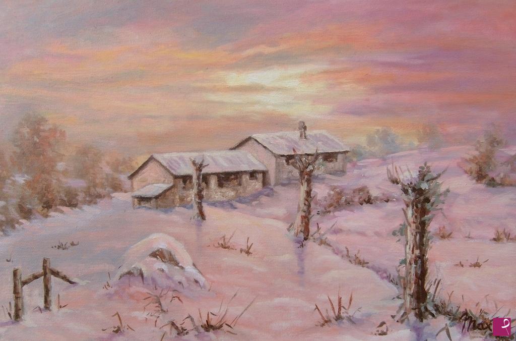 quadri in vendita online - CAMPAGNA INNEVATA AL TRAMONTO
