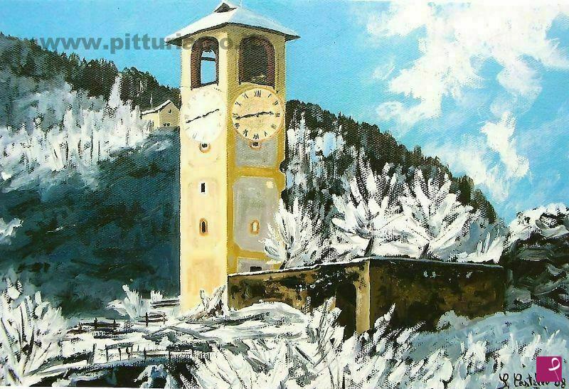 quadri in vendita online - Campanile innevato Revello (CN)