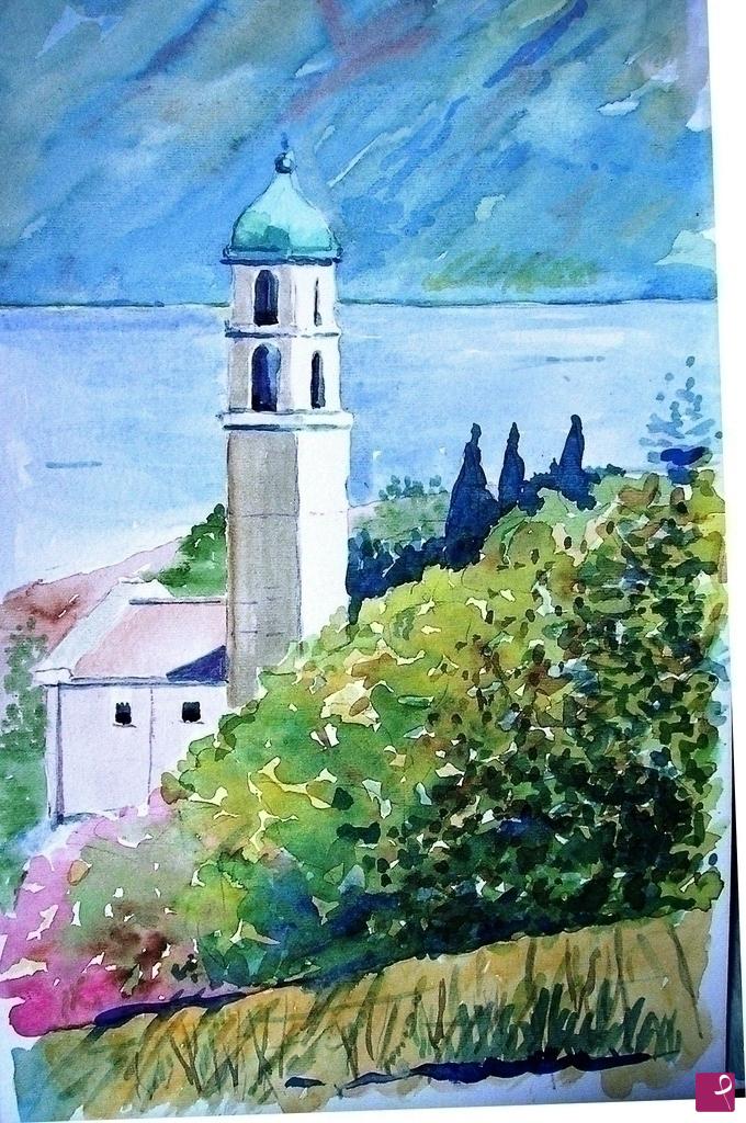 quadri in vendita online - Campanile sul lago di Garda