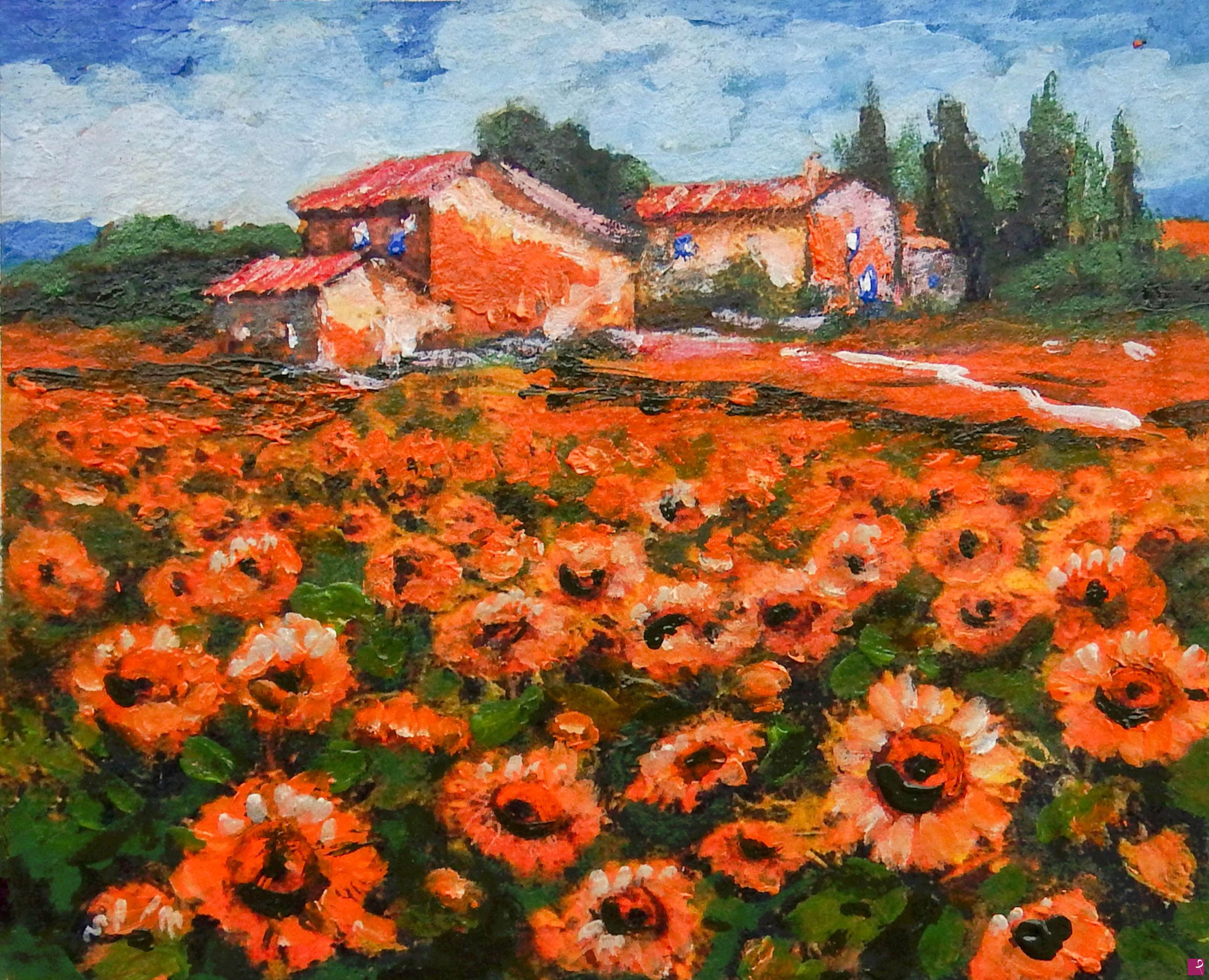 quadri in vendita online - Campo di girasoli con casolari