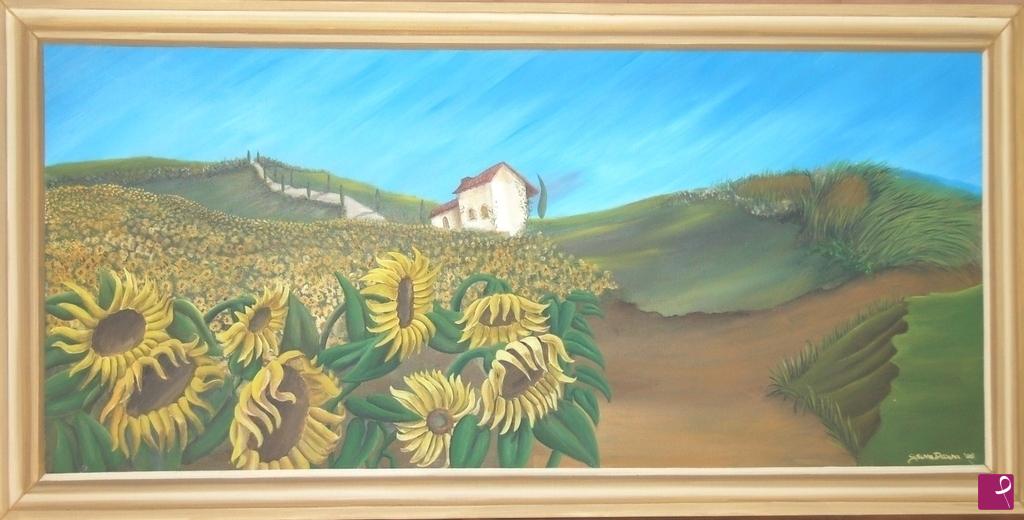 quadri in vendita online - Campo di girasoli con scorcio di campagna