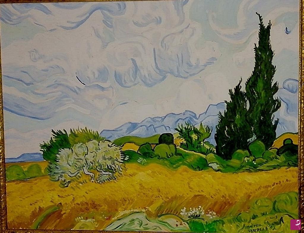 quadri in vendita online - Campo di grano con cipressi