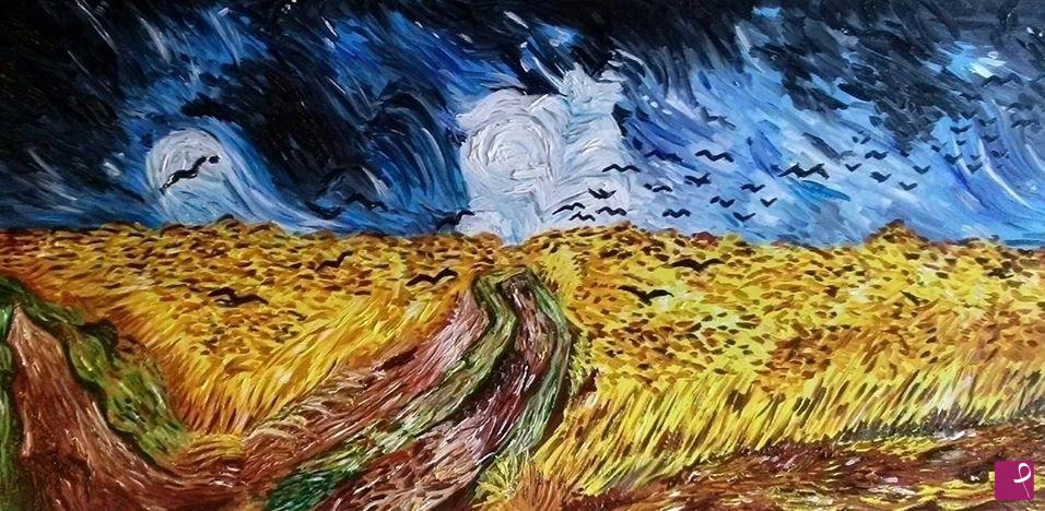 quadri in vendita online - Campo di grano con volo di corvi