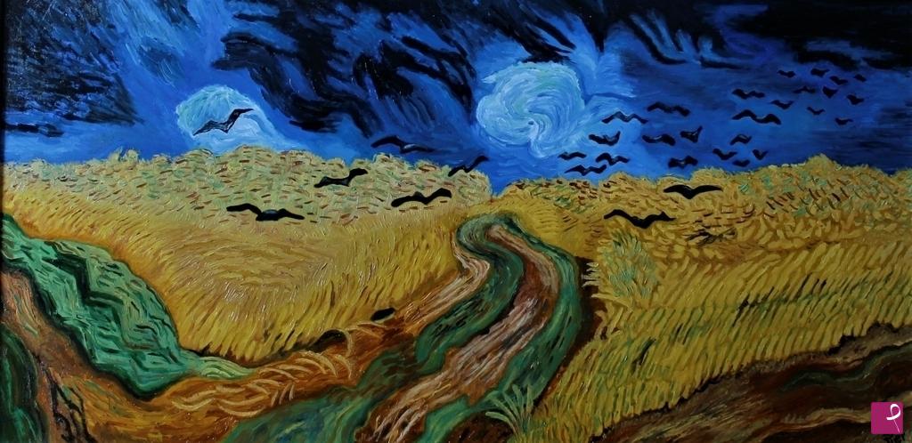 quadri in vendita online - Campo di grano con volo di corvi