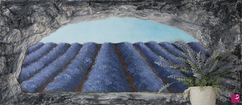 quadri in vendita online - Campo di lavanda attraverso un arco di pietre