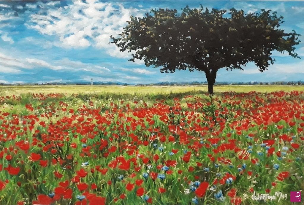 quadri in vendita online - Campo di papaveri con albero