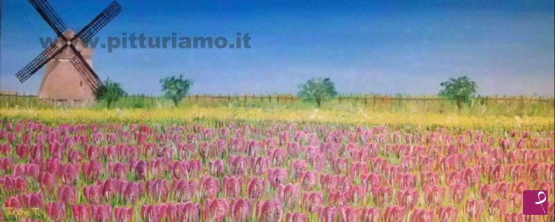 quadri in vendita online - Campo di tulipani con mulino a vento